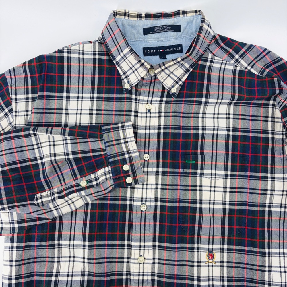 Tommy Hilfiger Mens Large Plaid Button Down Shirt Navy Red Green Cotton